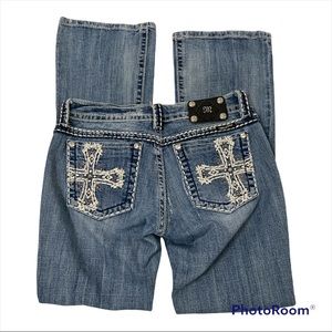 MISS ME Boot Cut Bling Distressed Jeans w/ Cross on Back Pockets Size 30 Splits